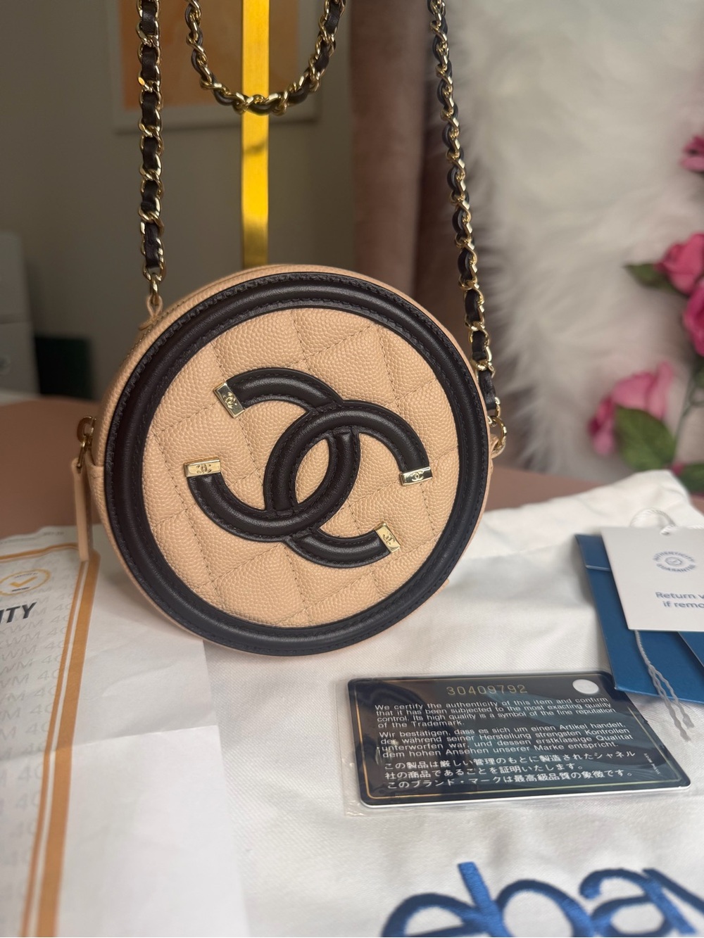 CHANEL CC Filigree Round Crossbody Bag Beige Brown Caviar Gold Hardware COA